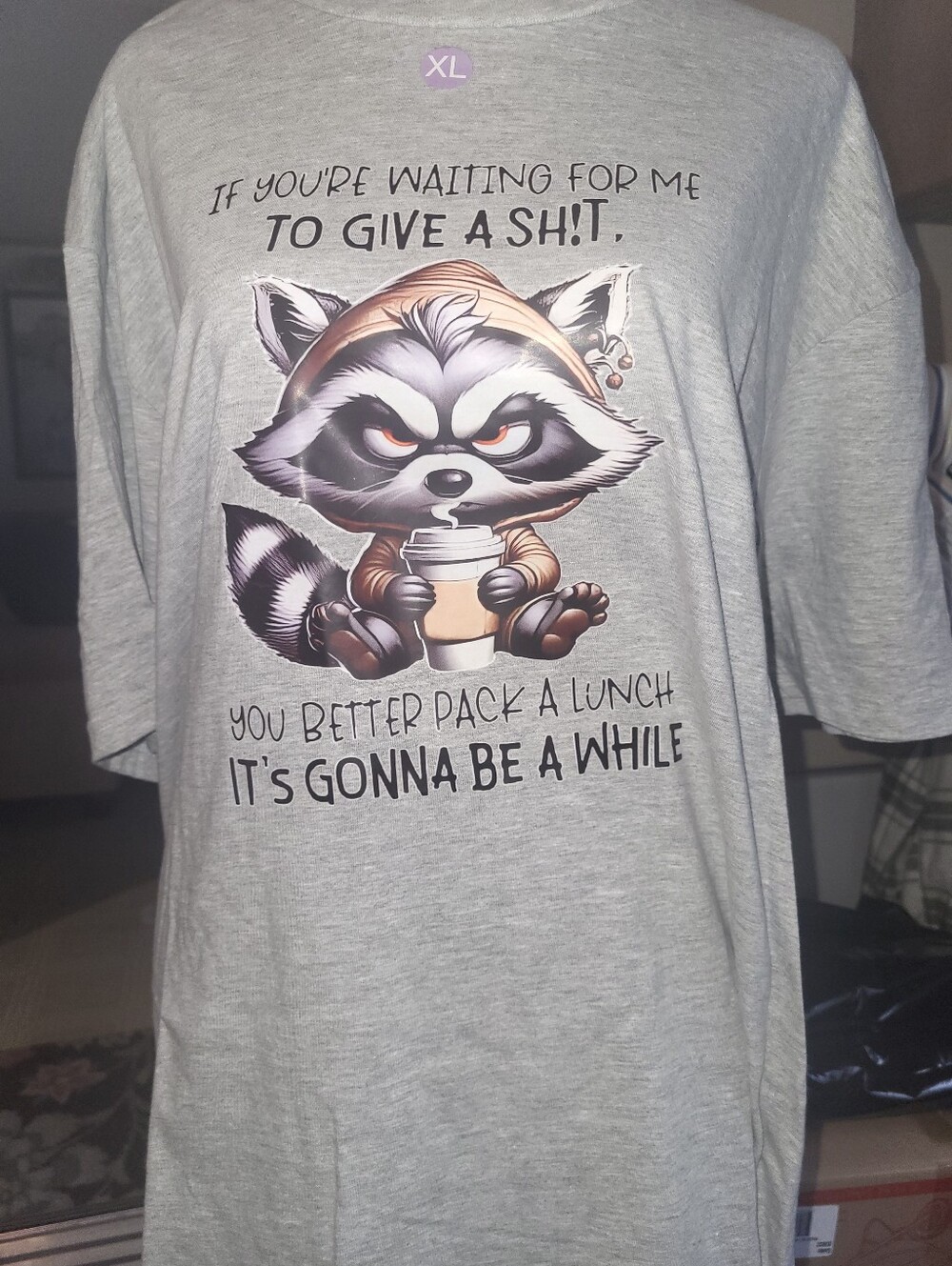 Grey Graphic Tee with Sassy Raccoon and Coffee Handmade XL